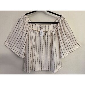 NWT LOFT Womens Square Neck Flutter Sleeve Stripe Blouse White Black Large